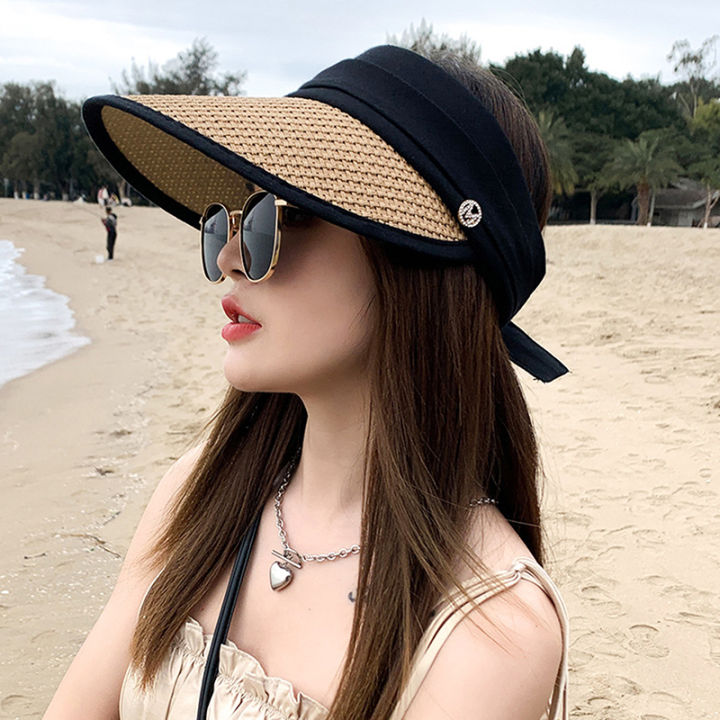 laogeliang-หมวกฟางสำหรับผู้หญิงหมวกกันแดดสำหรับเดินทางหมวกล่องเรือแบบพับได้