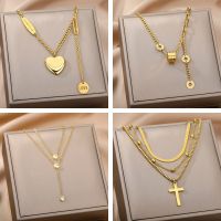 Double Layer Hollow Thick Clavicle Chain Stainless Steel Gold Color Plated Necklaces For Women Punk Hip-Hop Streetwear Jewelry Fashion Chain Necklaces