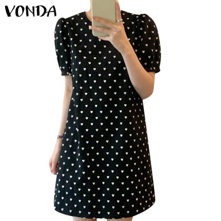 vonda-ชุดเดรสสั้น-คอกลม-แขนสั้น-แขนพัฟ-สไตล์เกาหลี-สําหรับผู้หญิง