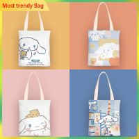 Sanrio กระเป๋าทรงสี่เหลี่ยมมีหูหิ้วสะพายไหล่ Cinnamoroll สำหรับผู้หญิงเด็กผู้หญิง2023 MODE Korea ผ้าใบความจุขนาดใหญ่ถุงซิป Babycinnamoroll กระเป๋าสะพายไหล่หูจับถุงช้อปปิ้ง