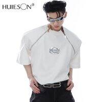 【Huieson】เสื้อทีเชิ้ตผู้ชายแบบเรียบง่าย,เสื้อคอกลมไหล่ดีไซน์โลหะแขนสั้น