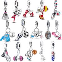 925 Silver Charms Fit Original Pandora Bracelet Badminton Tennis Rugby Dumbbell Skateboard Football Yoga Beads Diy Beads Jewelry