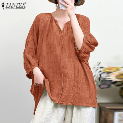 (สินค้ามาใหม่)(จัดส่งฟรี)Fancystyle ZANZEA เสื้อเสื้อสูงต่ำหลวมลำลองผู้หญิงเสื้อคอวีแขน3/4ธรรมดา #8