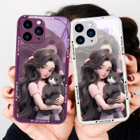 Cartoon Girl and Kitty for Iphone 14 13 12 11 Pro Max X XS XR 7 8 Plus 2020 2022 SE Purple Metal Tempered Glass Phone Case