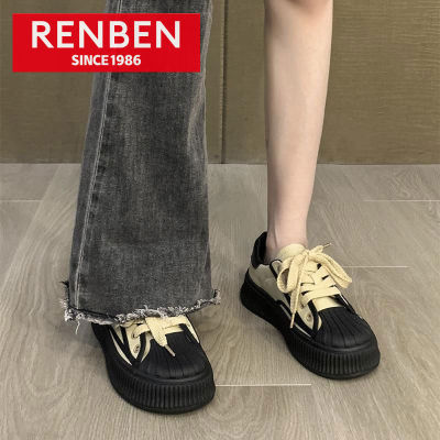 RENBEN รองเท้าผ้าใบส้นหนาเข้าได้กับทุกชุด,รองเท้าสนีกเกอร์รองเท้าสีขาวขนาดเล็กเทรนด์ใหม่สไตล์ต่างประเทศรองเท้าขนมปัง