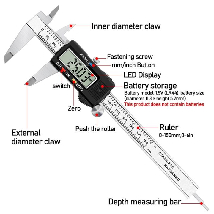 เครื่องวัดระยะเวอร์เนียดิจิตอล6นิ้ว0-150มม-เครื่องวัดขนาดอิเล็กทรอนิกส์สแตนเลส