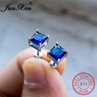 1 Pair 925 Sterling Silver 6mm Princess Cut Blue Sapphire Screw Earrings Square Cut Crystal Screwback Stud Earrings