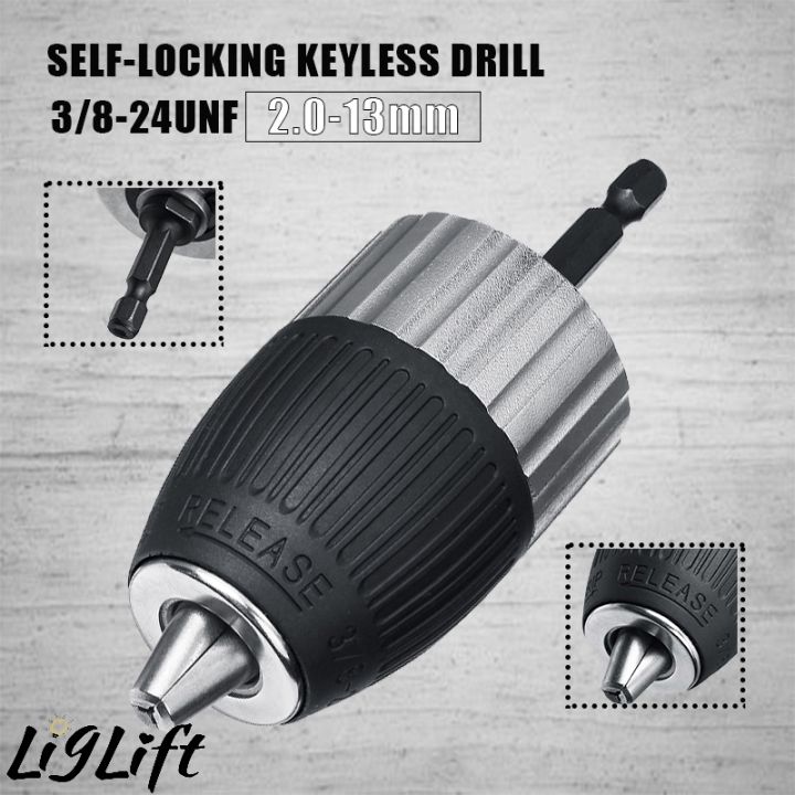1-5-13mm-clamping-range-3-8-24unf-self-locking-keyless-electric-drill-chuck-driver-tool-keyless-adapter-impact-hex-shank