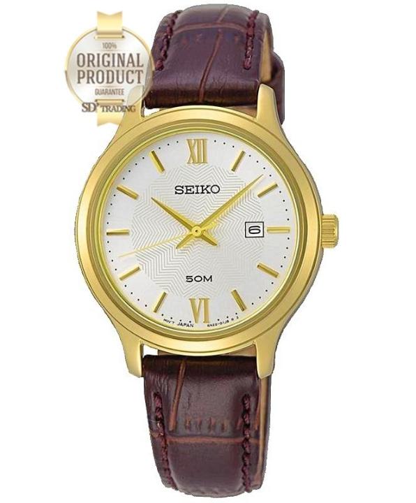SEIKO Neo Classic นาฬิกาข้อมือผู้หญิง สายหนังสีน้ำตาล รุ่น SUR644P1 - สีทอง