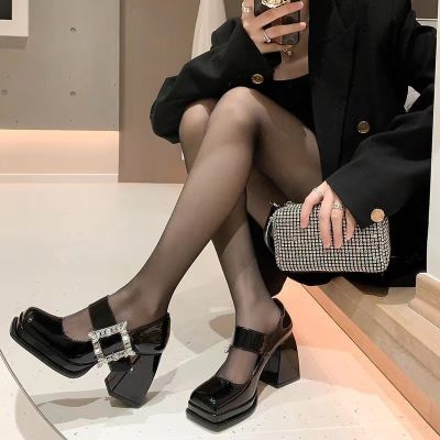Fren retro sqre toe thick bottom unky heel y shoes 23 new show mouth rhie sqre le high heels for women