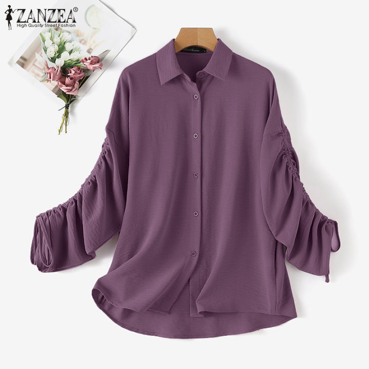 สินค้ามาใหม่-จัดส่งฟรี-fancystyle-zanzea-เสื้อผู้หญิงมุสลิม-เสื้อมีเชือกผูกเสื้อสตรีคอปกแขนยาวลำลองทรงหลวมติดกระดุม