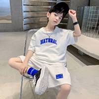 Boys Summer Fashion Cotton Solid 2Pcs Short Sleeve T-shirts+Pants Suits 4-14 Years Teenage Boys Casual Tops Children Clothes Set