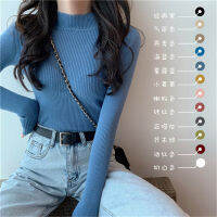 HON1163 สีทึบฤดูใบไม้ร่วงกึ่งสูงเสื้อแขนยาวเสื้อยืดหญิงลูกอมสีเสื้อผอมเพศหญิงครึ่งคอเต่า