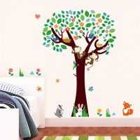 Monkey Rabbit Fox Animals With Floral Tree Wall Sticker For Kindergarten Kids Room Home Decor Diy Cartoon Mural Art Decal