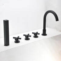 5PCS ชุดสีดำห้องน้ำอ่างอาบน้ำก๊อกน้ำ Deck Mount 5หลุม Bath Mixer Taps พร้อมฝักบัวแบบใช้มือถือน้ำตก Spout