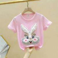 2023 new girl cute rabbit short-sleeved fashion foreign T-shirt big boy and little girl half-sleeved shirt