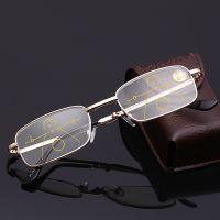 Foldable Multi-Focus Progressive Reading Glasses Presbyopic Magnifying Anti-blue Light Alloy Half Frame Golden With Case