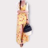 P015-116 PIMNADACLOSET - Smoot Satin Adjustable Spaghetti strap Smock Back Floral Print Front High Slit Maxi Dress