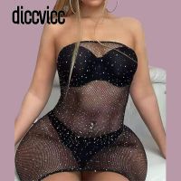 Diccvicc Women Beach Cover Up Fishnet Sheer Mesh Bikini Sexy Bodystocking Shiny Bandeau Beach Dress Lady Summer Clothing