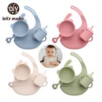 Lets Make 4Pcs Set Silicone Tableware Bib Sippy Cup Bowl Spoon Non-Slip Feeding Stuff Waterproof Learning Adjustable Baby Bib