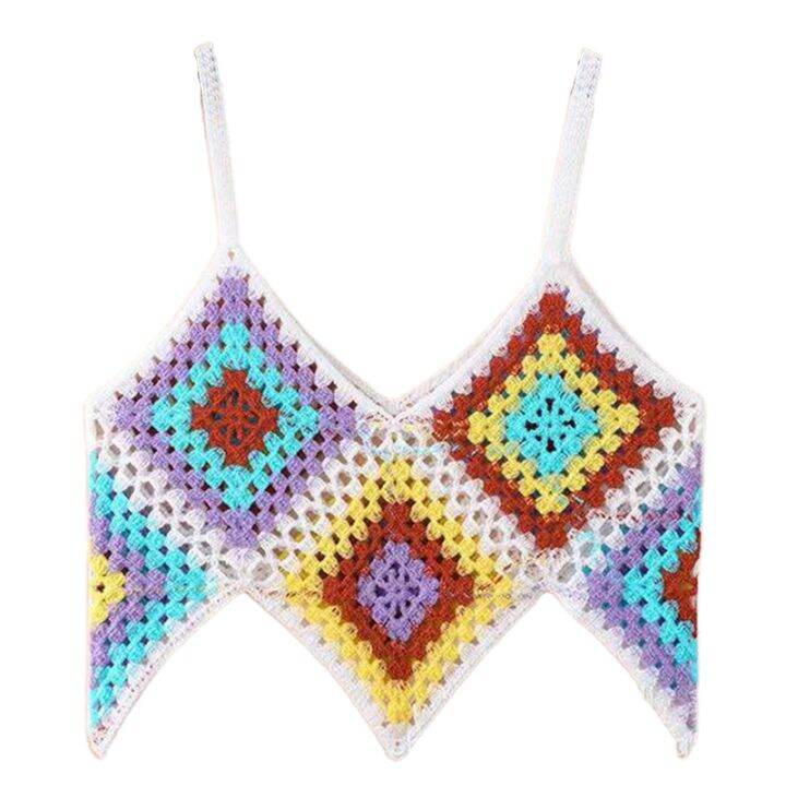 ผู้หญิง-boho-โครเชต์ถักแขนกุด-camisole-multicolor-rhombus-ลายสก๊อตเซ็กซี่-v-คอ-crop-top-ไม่สม่ำเสมอ-hem-slim-beach-vest