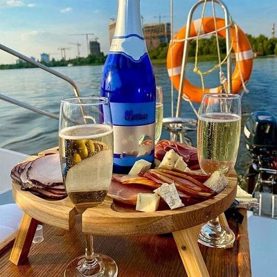 Wooden Folding Picnic Table with Wine Glass Holder - Portable Creative 2 in 1 Wine Glass Rack &amp; Compartmental Dish