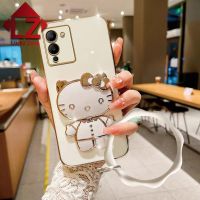 เคสมือจับสำหรับโทรศัพท์มือถือตั้งได้ลายการ์ตูนน่ารัก3D Hello Kitty เครื่องสำอางกระจกเคลือบเงาสำหรับ8i Note 11S Note 11 Pro Note 10 Pro Note 12 Pro Note 30 Pro Note 30i Note 12 G96ฝาหลัง TPU นุ่มโลหะด้วยไฟฟ้าโน๊ต12 + สร้อยข้อมือคลื่น