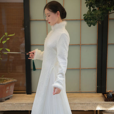 Qingshuzhai Hanfu รุ่นปรับปรุงของชุด Cheongsam ระดับไฮเอนด์สไตล์จีนกระโปรงยาวหัวเข็มขัดย้อนยุคสไตล์จีนวรรณกรรมชุดน้ำชา