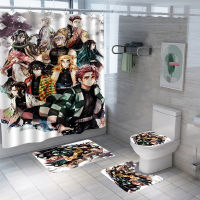 3D Print Demon Slayer Shower Curtain Set Waterproof Washable Polyester Bath Curtain Anti-slip Rugs Toilet Lid Cover Bath Mat Set