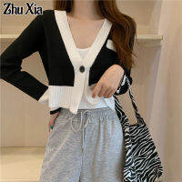 ZHUXIA ใหม่บางสไตล์เกาหลีแขนยาวถักเสื้อแจ็คเก็ตสั้นบางเฉียบ