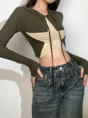Y2k Women’s Summer Hood T-Shirt Long Sleeve Star Pattern Front Drawstring Slim Fit Knit Cropped Tops Aesthetic Grunge Streetwear