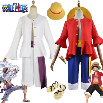 DAZCOS Luffy Gear 5 Cosplay Costume Nika Form Outfit Anime Monkey D Luffy  Cosplay 3 Piece Full Set White Shirt Pants Sash Wigs