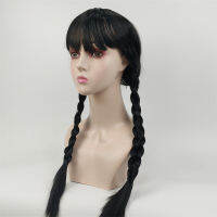 Addams wig วิกผมอเมริกันอดัมส์วิกผมหางม้าคู่สีดำ COS สต็อกหมวกแบบเต็ม