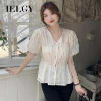 IELGY เสื้อปักลายฝรั่งเศสแขนพัฟของผู้หญิง,เสื้อเก๋ไก๋กับหิมะลดอายุสไตล์ตะวันตกเข้ากับทุกชุดได้ในเสื้อชีฟอง