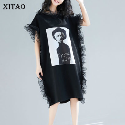 XITAO Mesh Ruffle Black Print Letter Pullover Women Dress