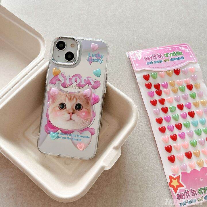 เคสโทรศัพท์มือถือนิ่ม-ลายแมวตลก-3d-พร้อมกระจกขาตั้ง-สไตล์เกาหลี-สําหรับ-iphone-14-promax-13-12-pro-max-11