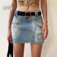 ㍿▣ European and American Style Vintage vintage White Distressed Denim Skirt Multi-Pocket Low Waist Hot Girl Skirt