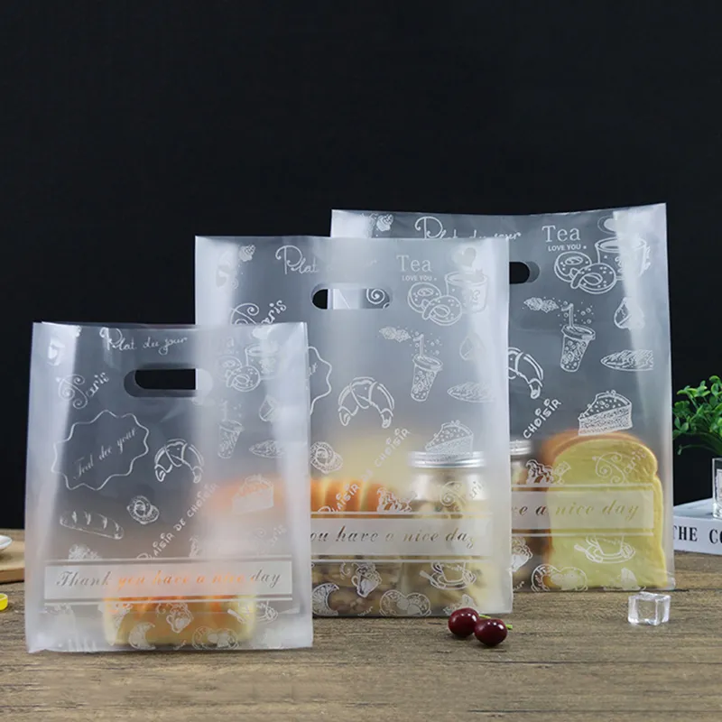 50pcs Transparent Plastic Bag With Handle Food Packaging Bag Party Favor  Baking Take Away Bags