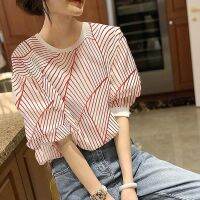 COD DSFERTRETRE Red Striped Blouse Ladies Thin Short Sleeve Shirt Bubble Sleeve Loose Blouses 2021 European Station New