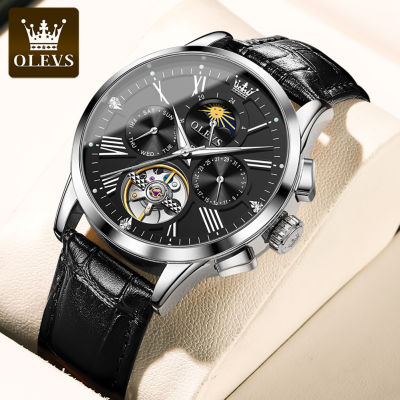 OLEVS นาฬิกาอัตโนมัติของผู้ชาย,นาฬิกากลไกทำจากโลหะหนังโชว์กลไกภายในหรูหรากันน้ำของแท้