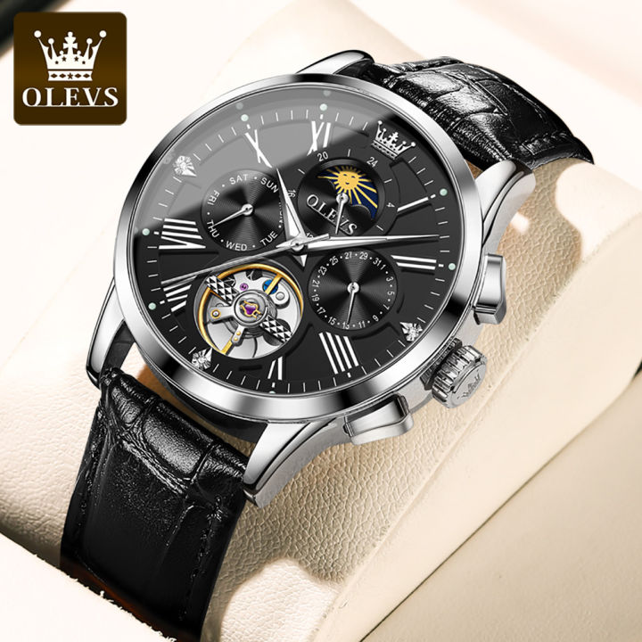 olevs-นาฬิกาอัตโนมัติของผู้ชาย-นาฬิกากลไกทำจากโลหะหนังโชว์กลไกภายในหรูหรากันน้ำของแท้
