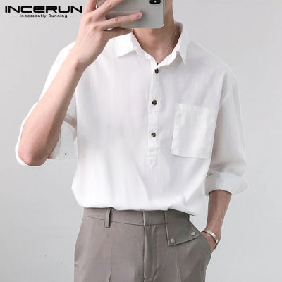 INCERUN เสื้อผู้ชายผ้าฝ้าย3/4แขนเสื้ออย่างเป็นทางการสมาร์ท Tee เสื้อ Henley (สไตล์เกาหลี)
