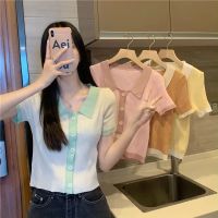 ? เสื้อไหมพรม คอปก แขนสั้น สีพาสเทลสลับสีอ่อนเข้ม น่ารักมากๆ สินค้าพร้อมส่ง ( 71008 )