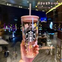 Starbuck 2022ใหม่ฤดูใบไม้ผลิดอกเชอร์รี่สีชมพูสาวหัวใจเลื่อมสองชั้นฉนวนกันความร้อนความจุขนาดใหญ่แก้วฟางถ้วย