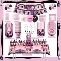 【CW】❀▬  Pink Star Group Birthday Disposable Tableware Set Kpop Favor CakeTopper Tablecloth Baptism Event Supplies