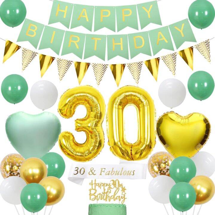 FANGLELAND Sage Green 30th Birthday Decorations - Happy Birthday Banner ...