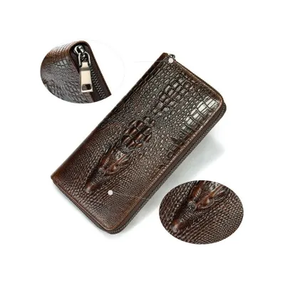Mens Long Wallet with Genuine Leather Crocodile Pattern Business Multi Card Handheld Headband Layer Cowhide Money Clip for Men