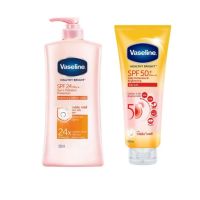 ( มีคูปองส่งฟรี /  500 + 300 ml )Vaseline Lotion Healthy White SPF24 PA+++ 500 ml   + Vaseline Healthy Bright SPF50 PA+++ Sun + Pollution Protection Serum 300  ml.