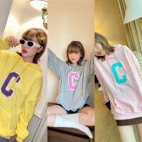 chuuchop_พร้อมส่ง(C7959)??Choux cream hoodie เสื้อฮู้ดแขนยาว ปักตัว C ตรงกลาง