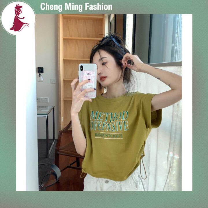 cheng-เสื้อยืดแขนสั้นผู้หญิง-เสื้อครอปทรงหลวมผูกเชือกแฟนซีฉบับภาษาเกาหลีฤดูร้อนสไตล์ใหม่